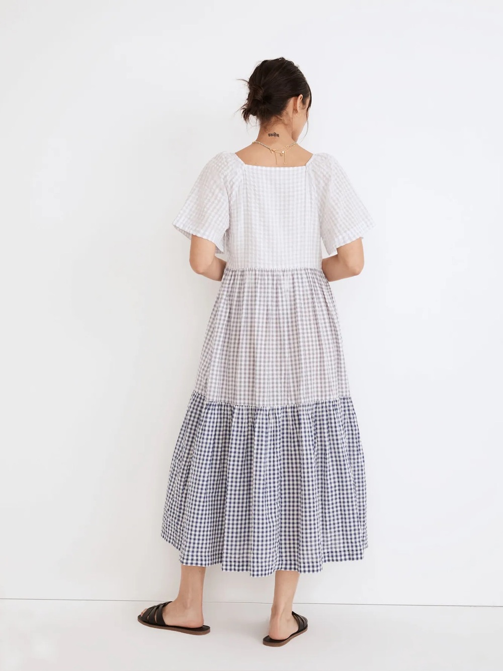 Madewell Patchwork Gingham Button-Front Tiered Midi Dress XS - Picture 3 of 5